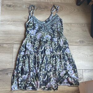 Free People Olive & Lavender Floral Tiered Spaghetti-Strap Mini Dress